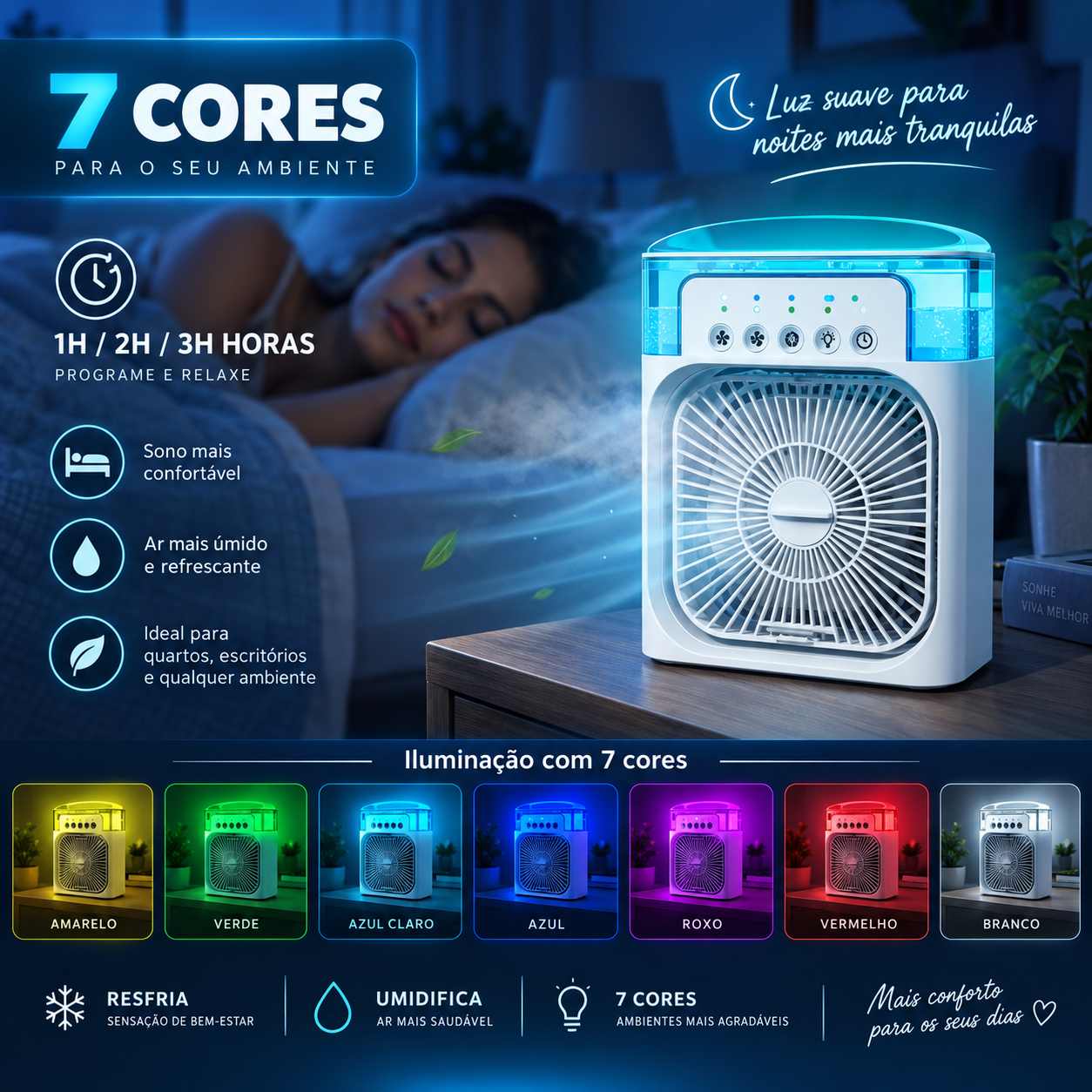Iluminação em sete cores e uso noturno do BrisaGo